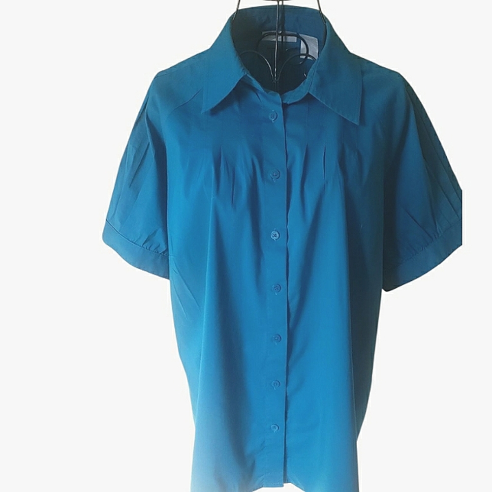 Worthington Woman Stretch Teal Short-sleeve, Button-down Shirt, 1X